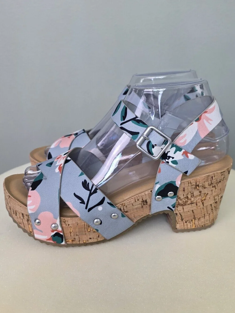 Journee Collection Valentina Floral Platform Sandals Cork Block Heel Sz 7.5 NEW